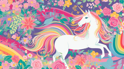 abstract colorful background with unicorn and flowers. watercolor illustration. Generative AI