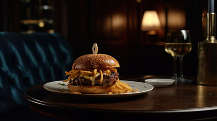 Juicy tasty hamburger on the table. Fast food image of a burger with grilled meat.