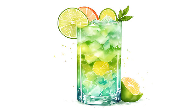 Watercolor Delicious refreshing summer alcoholic cocktail