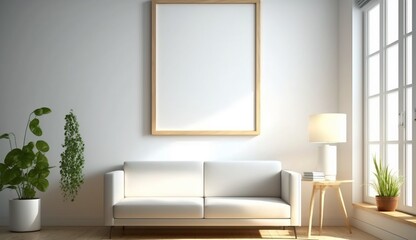 Fototapeta na wymiar Beautiful bright light living room blank wooden frame Generative Ai