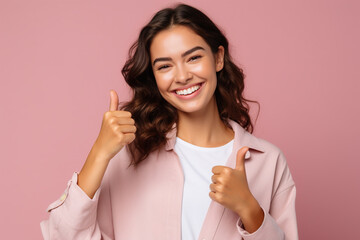 Friendly looking smiling brunette girl showing thumbs up on pink background