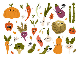 Cute vegetable characters with funny kawaii faces. Happy smiling healthy food set. Fun pumpkin, radish, broccoli, onion, tomato. Kids flat graphic vector illustrations isolated on white background
