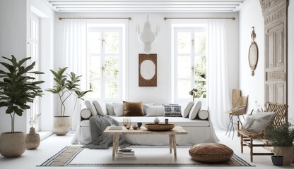 Bohemian style living room white walls realistic detai Generative Ai