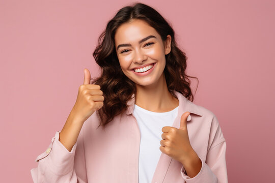 Friendly looking smiling brunette girl showing thumbs up on pink background