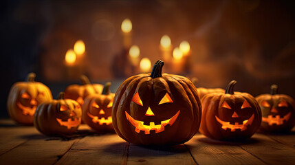 Halloween pumpkins row on the wooden floor. Jack O Lantern parade for Halloween holidays.
