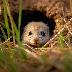 Prize-winning portrait of baby mouse in nest. Intense cuteness of big-eyed mouse. Wild mouse protected in hyper realistic nest. Realistic 3D illustration. Generative AI
