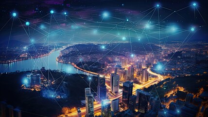 Fototapeta premium 5G wireless network, high speed internet, cloud computing or connect diagram technology, Data storage, service, synchronize, online, financial, Connectivity global, smart city, Gen by AI