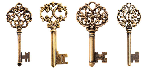 Assorted vintage ornate brass keys on transparent PNG background. - 628214625