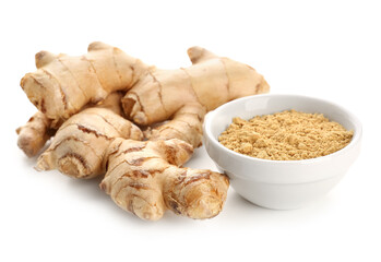 Fresh ginger roots and bowl with dried powder on white background