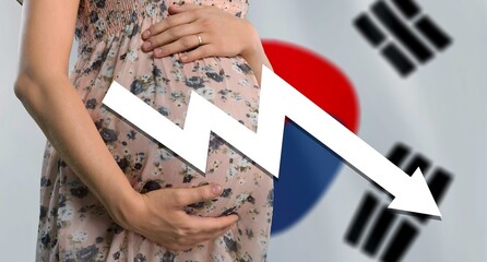 Pregnant woman and Republic of Korea flag background.