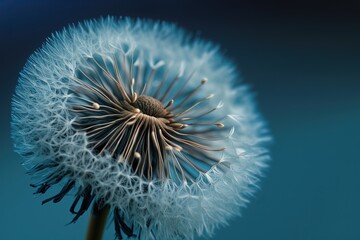 A close up of a dandelion on a blue background