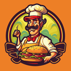 Chef Holding hamburger. Classic American street food. Cartoon vector illustration.