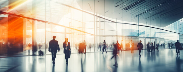 Fototapeta premium Crowd of blurred People Walking in a modern entrance. blurred business people