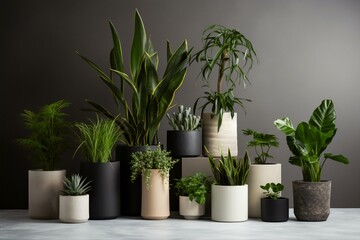 Elegant Potted Plants Against a Matte Black Wall in Tall Pots, G