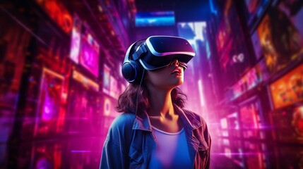 woman in VR glasses in neon space, digital art illustration