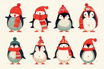Penguins in Winter Attire: Red and Beige Palette, Generative AI