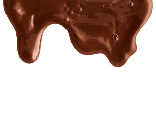 Thick melted milk chocolate drips on white background