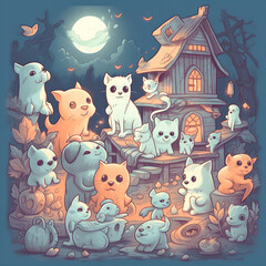 A charming illustration of cute ghost pets, such as ghostly cats and dogs, accompanying their human friends on a Halloween night adventure.