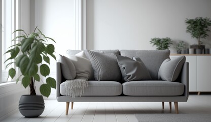 gray_sofa_in_a_white_living room interior with copy Generative Ai