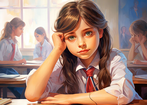 Young girl sits in a school classroom, surrounded by her peers. Drawn schoolgirl studying at a table in a classroom.