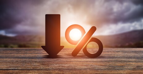 Percentage icon and down arrow on sky background