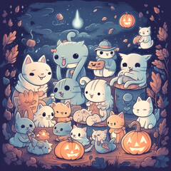 A charming illustration of cute ghost pets, such as ghostly cats and dogs, accompanying their human friends on a Halloween night adventure.