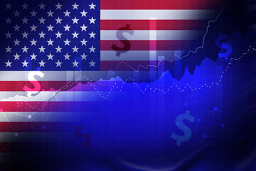 Dollar currency with USA flag and financial investment in successful business moving up arrow background