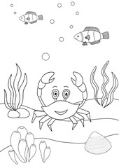 Cute cartoon crab. Coloring book or page for kids. Marine life