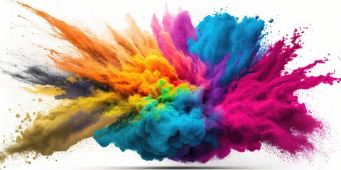 A colorful explosion of colored powder on a white background