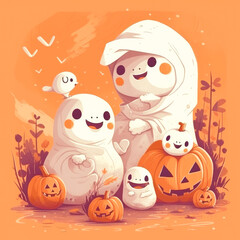 A heartwarming illustration of a friendly ghost family carving pumpkins together, showcasing the joy of togetherness during Halloween.