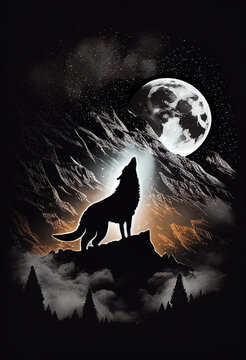 Wolf howling at the moon. AI Generated