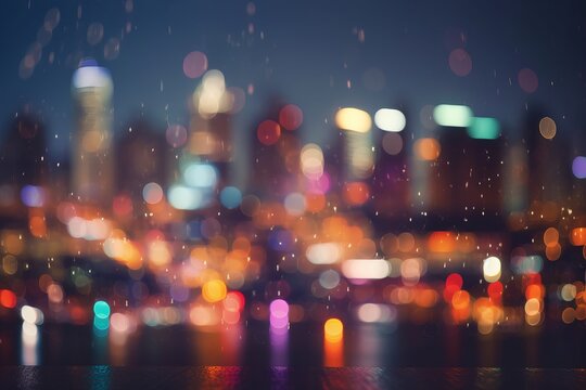 Illustration of a vibrant cityscape at night with blurred lights and glowing skyscrapers, created using generative AI