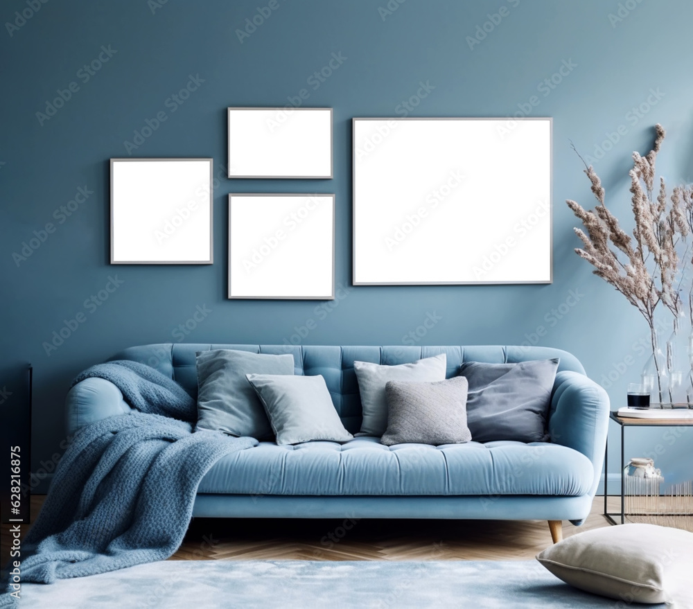 Wall mural Frames mockup, blue couch and frames mockup, living room photo mockup, picture frame template AI Generated