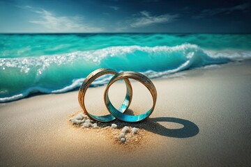 Fototapeta na wymiar Two wedding rings on a beach with the ocean in the background