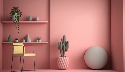 Home interior pink room with minimal table empty wall Generative Ai