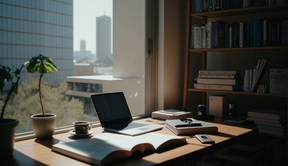 Fototapeta premium In the sunny office there is a bookshelf with books Generative Ai