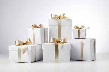 Stack of Christmas gift boxes. Heap of wrapped present boxes with bows. Composition with copyspace. Christmas present, Valentines Day, Birthday concept, Happy New Year greeting card