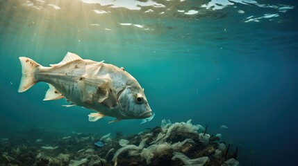 Fototapeta premium Fish and plastic pollution. Envrionmental problem - plastics contaminate seafood