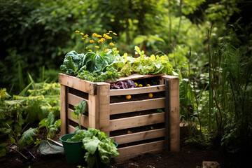Outdoor compost box for reducing kitchen waste. Organic waste in garden composter, food leftovers,...