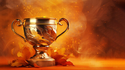 Gold winner cup on orange autumn background. Golden champion cup, trophy for the winner, award, victory, first place of competition, winning and success concept. Copy space