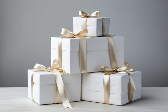 Stack of Christmas gift boxes. Heap of wrapped present boxes with bows. Composition with copyspace. Christmas present, Valentines Day, Birthday concept, Happy New Year greeting card