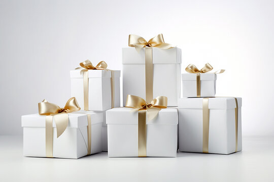 Stack Of Christmas Gift Boxes. Heap Of Wrapped Present Boxes With Bows. Composition With Copyspace. Christmas Present, Valentines Day, Birthday Concept, Happy New Year Greeting Card