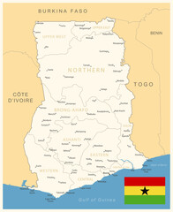 Naklejka premium Ghana - detailed map with administrative divisions and country flag.