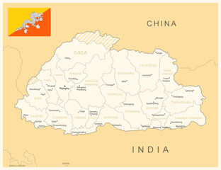 Obraz premium Bhutan - detailed map with administrative divisions and country flag.