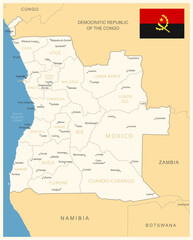 Angola - detailed map with administrative divisions and country flag.