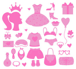 Nostalgic pink barbiecore collection. Vector illustration. Isolated Glamorous elements accessories for girl princess for design National Day March 9 .