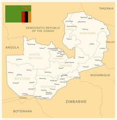 Naklejka premium Zambia - detailed map with administrative divisions and country flag.