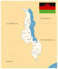 Malawi - detailed map with administrative divisions and country flag.
