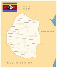 Eswatini - detailed map with administrative divisions and country flag.