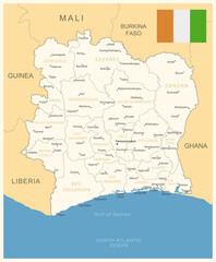 Cote dIvoire - detailed map with administrative divisions and country flag.